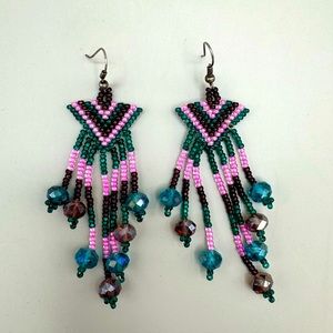 Pink and turquoise handmade beaded earrings